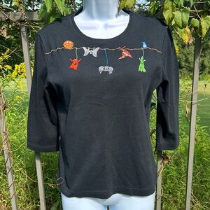 Vintage Halloween Black Shirt W/ Embroidered Figures & Symbols Size Medium